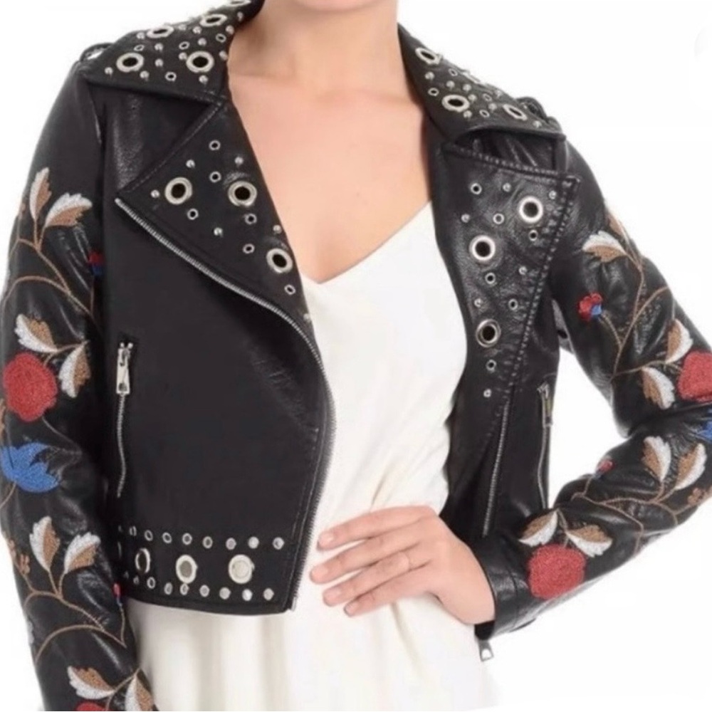 Black Embroidered Vegan Leather Moto Jacket with Grommet Detail, flower detail